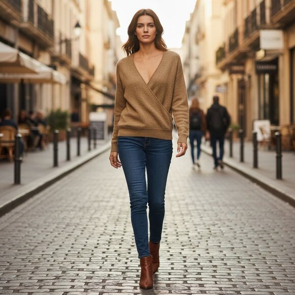 Madewell Womens Surplice Wrap Sweater M Olive Green Cotton Blend Long Sleeve - Picture 5 of 14